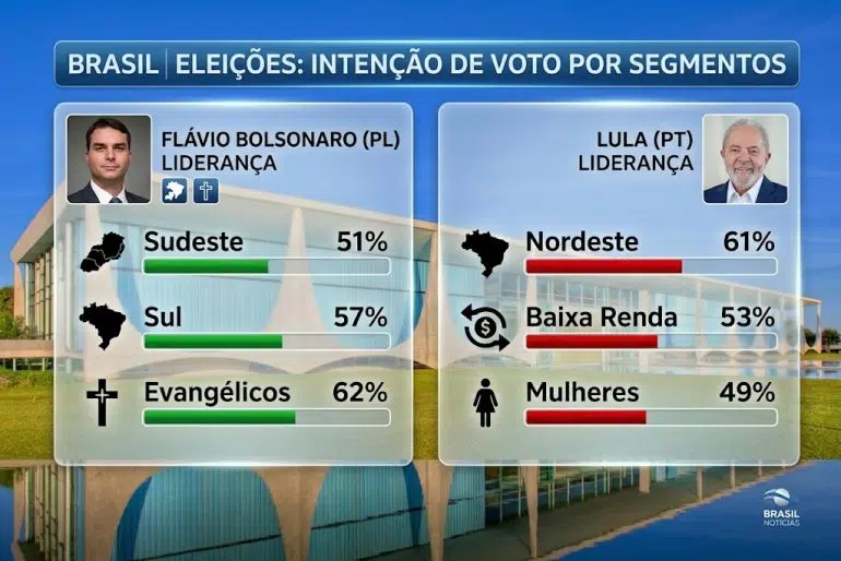 Pesquisa Datafolha: saiba os pontos fortes de Lula e Flávio Bolsonaro palacio planalto arte IA